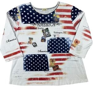 Cactus Womens Plus 2X Americana Graphic Top 3/4 Sleeve USA Flag Patriotic White